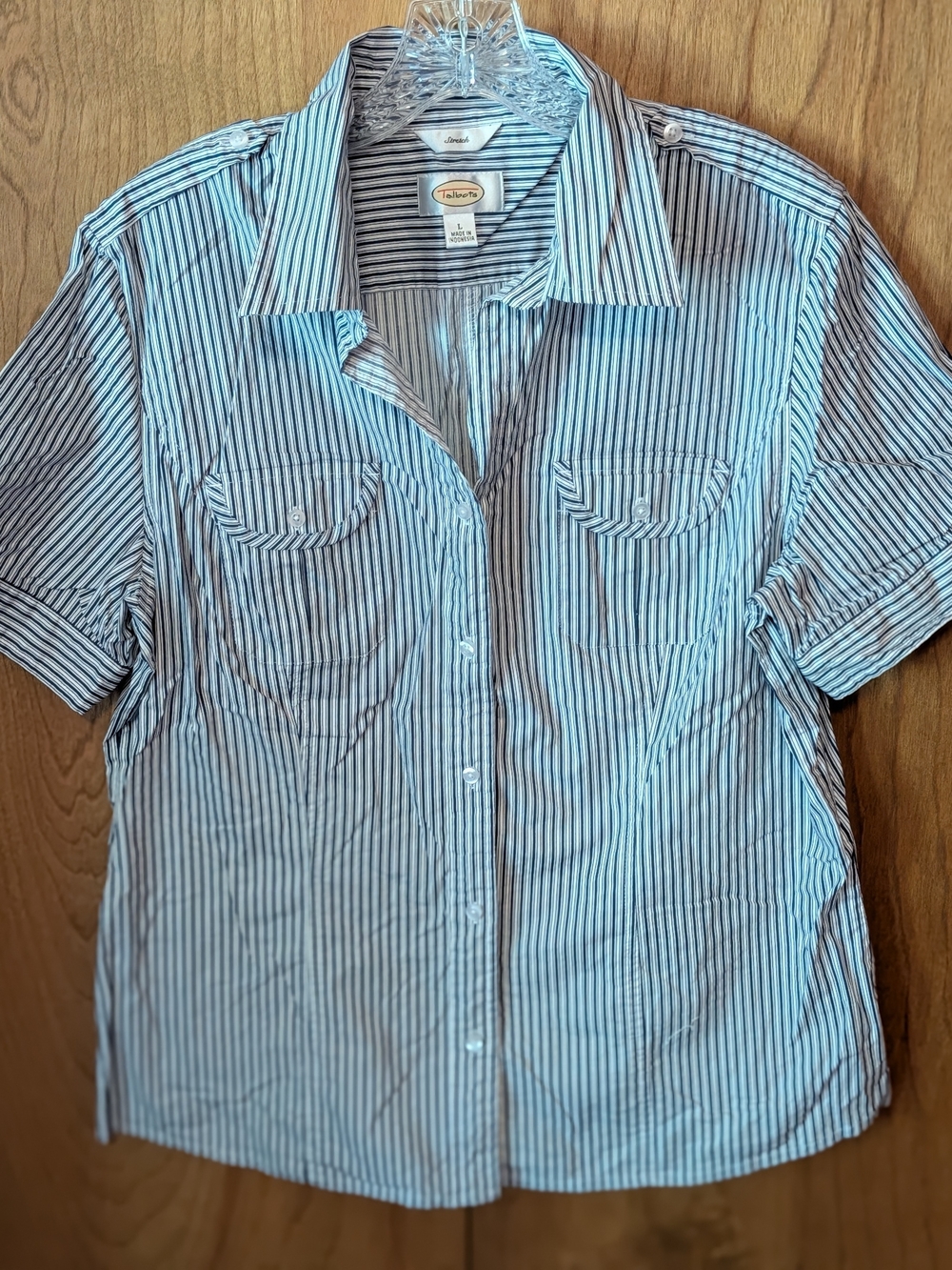 Talbots Navy and White Vertical-Stripe Short-Sleeve Button-Down Shirt